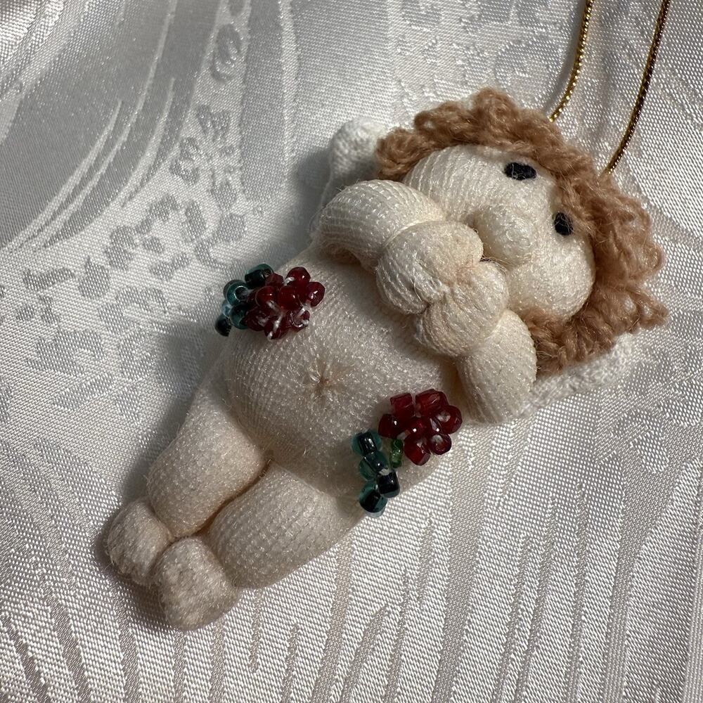 VTG Handmade Cherub Putti Angel Hosiery Ornament Yarn Flower Glass Bead Mini